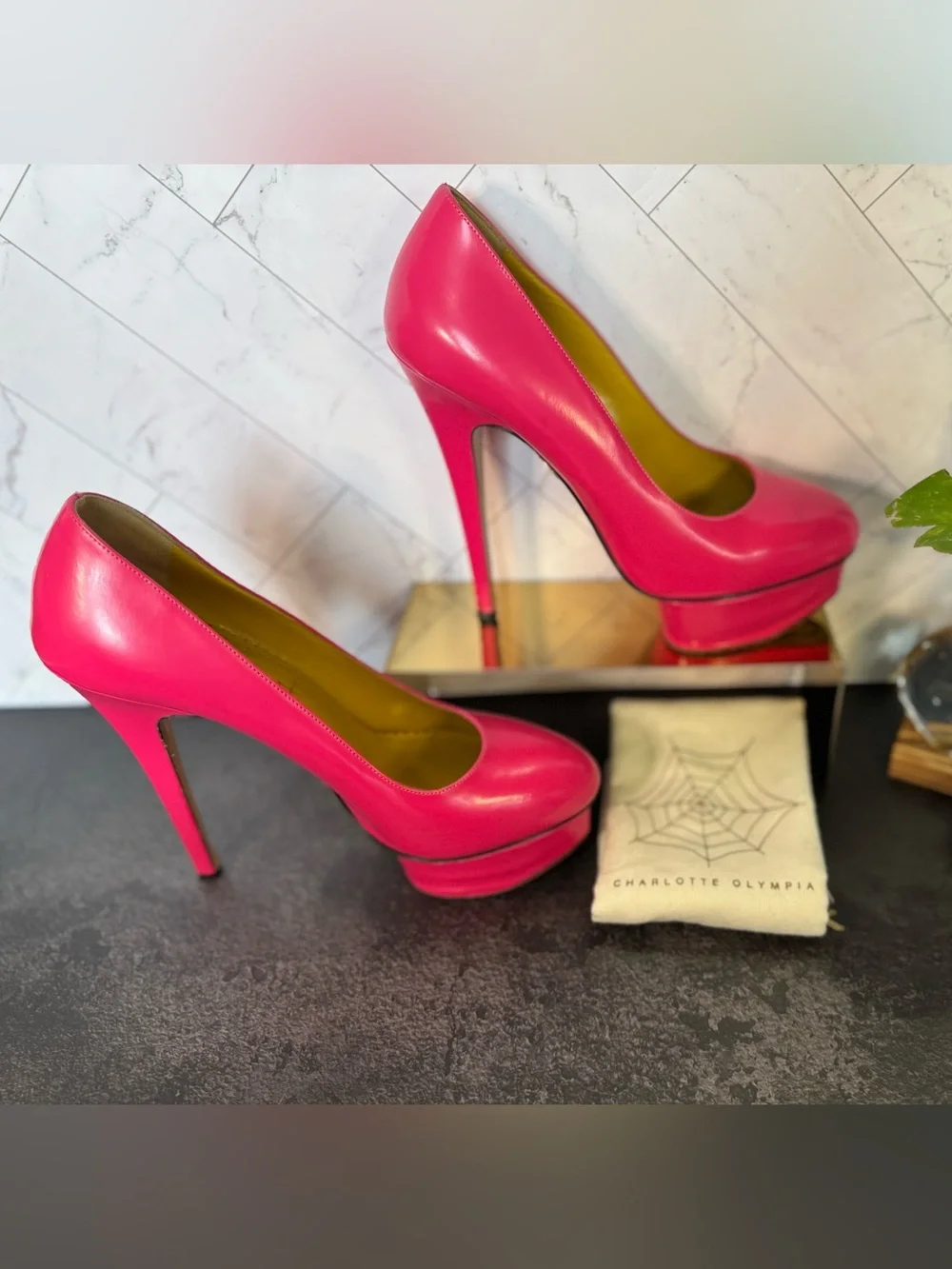 Charlotte Olympia HOT PINK Dolly Platform Pumps Heels, Size 38.5